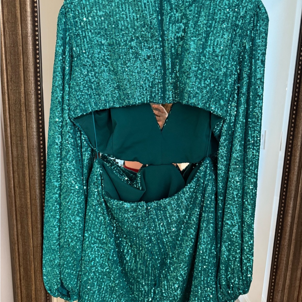 NADINE MERABI Teal Sequin Long Sleeve Dress - Picture 5 of 6